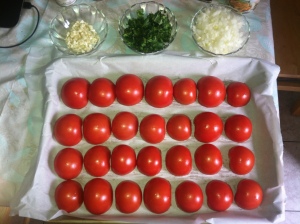Tomato halves before baking